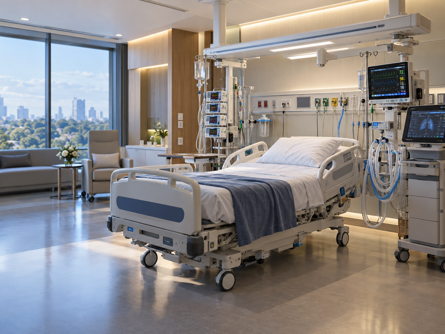 Không gian ICU hiện đại với giường bệnh, monitor và hạ tầng khí y tế tại điểm chăm sóc